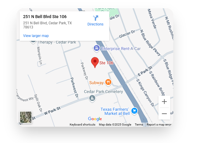 Map showing Cedar Park Dental Wellness location at 251 N Bell Blvd, Ste 106, Cedar Park, TX 78613
